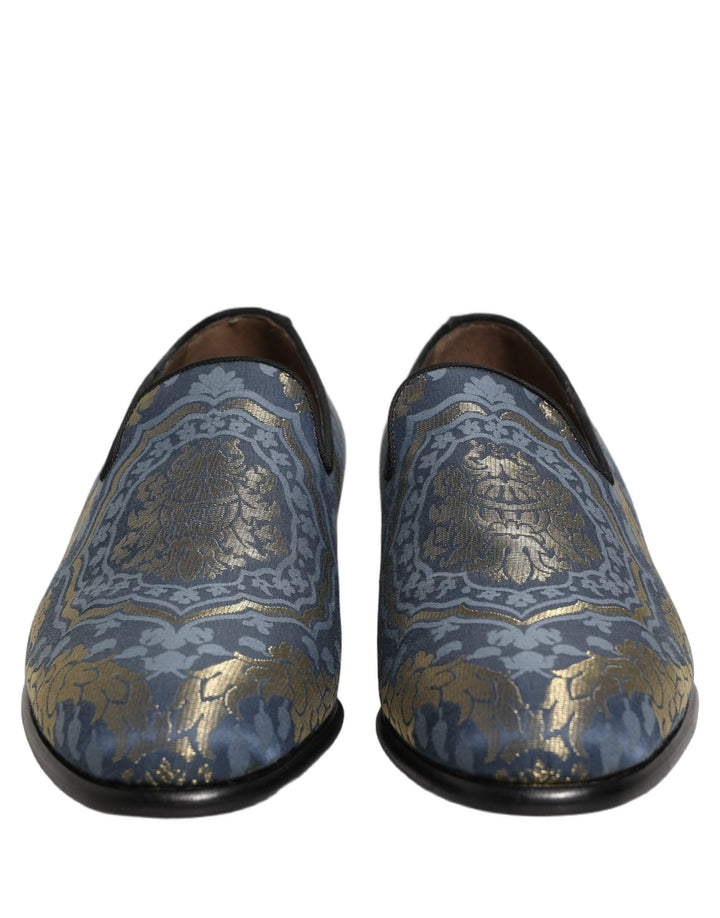 Dolce &amp; Gabbana Blue Floral Brocade Slip On Loafers Shoes