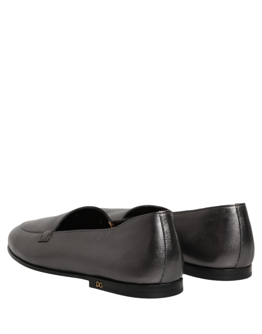 Dolce &amp; Gabbana Silver Leather DG Logo Slip On Loafers Shoes