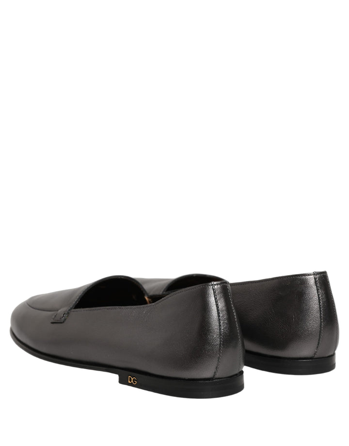 Dolce &amp; Gabbana Silver Leather DG Logo Slip On Loafers Shoes
