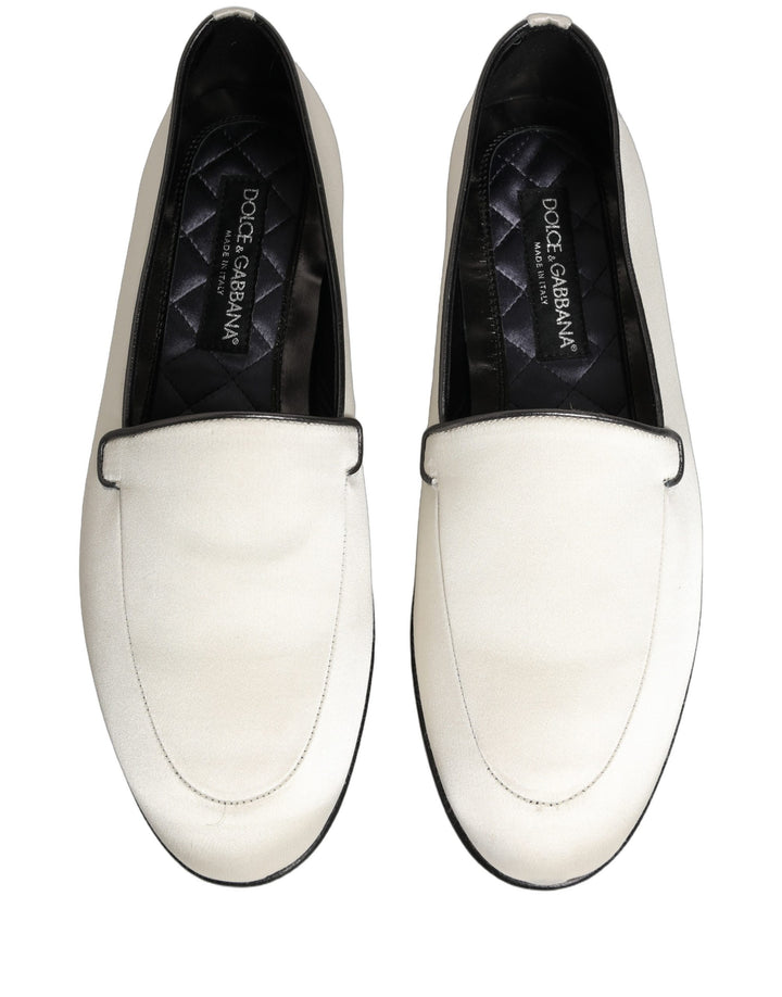 Dolce &amp; Gabbana White Satin Logo Slip On Flats Loafers Shoes