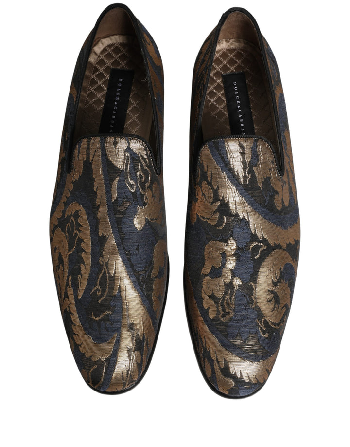 Dolce &amp; Gabbana Blue Brocade Slip On Men Dress Loafers Shoes