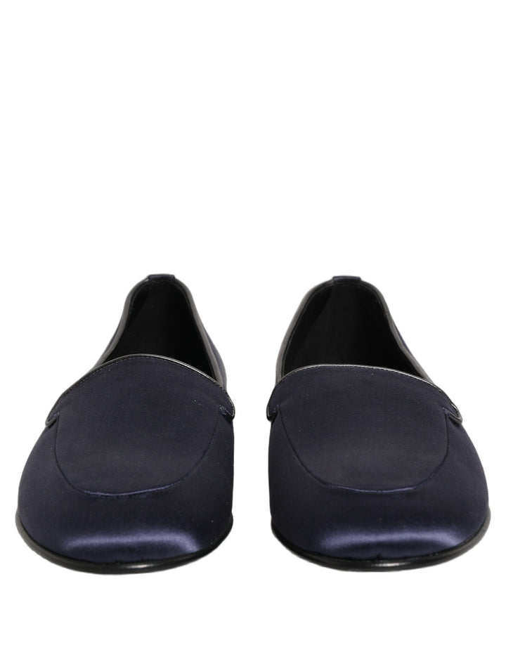 Dolce &amp; Gabbana Blue Satin Logo Slip On Flats Loafers Shoes