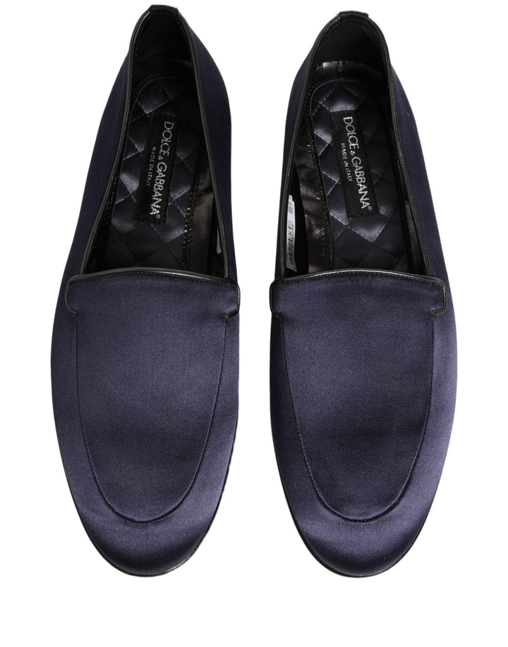 Dolce &amp; Gabbana Blue Satin Logo Slip On Flats Loafers Shoes