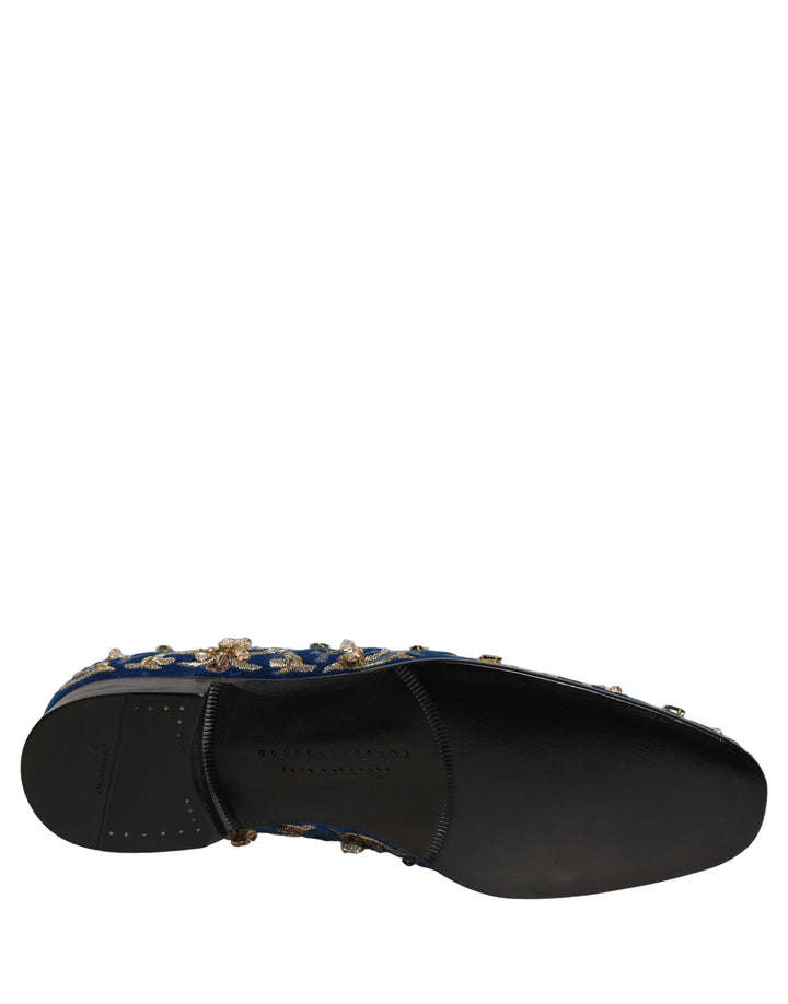 Dolce &amp; Gabbana Blue Velvet Embellished Dress Loafers Shoes