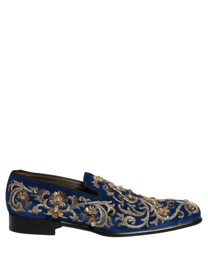 Dolce &amp; Gabbana Blue Velvet Embellished Dress Loafers Shoes