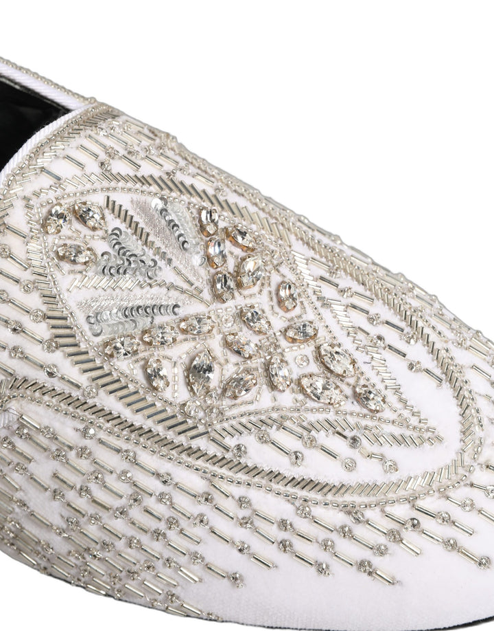 Dolce &amp; Gabbana White Satin Embellished Dress Loafers Shoes