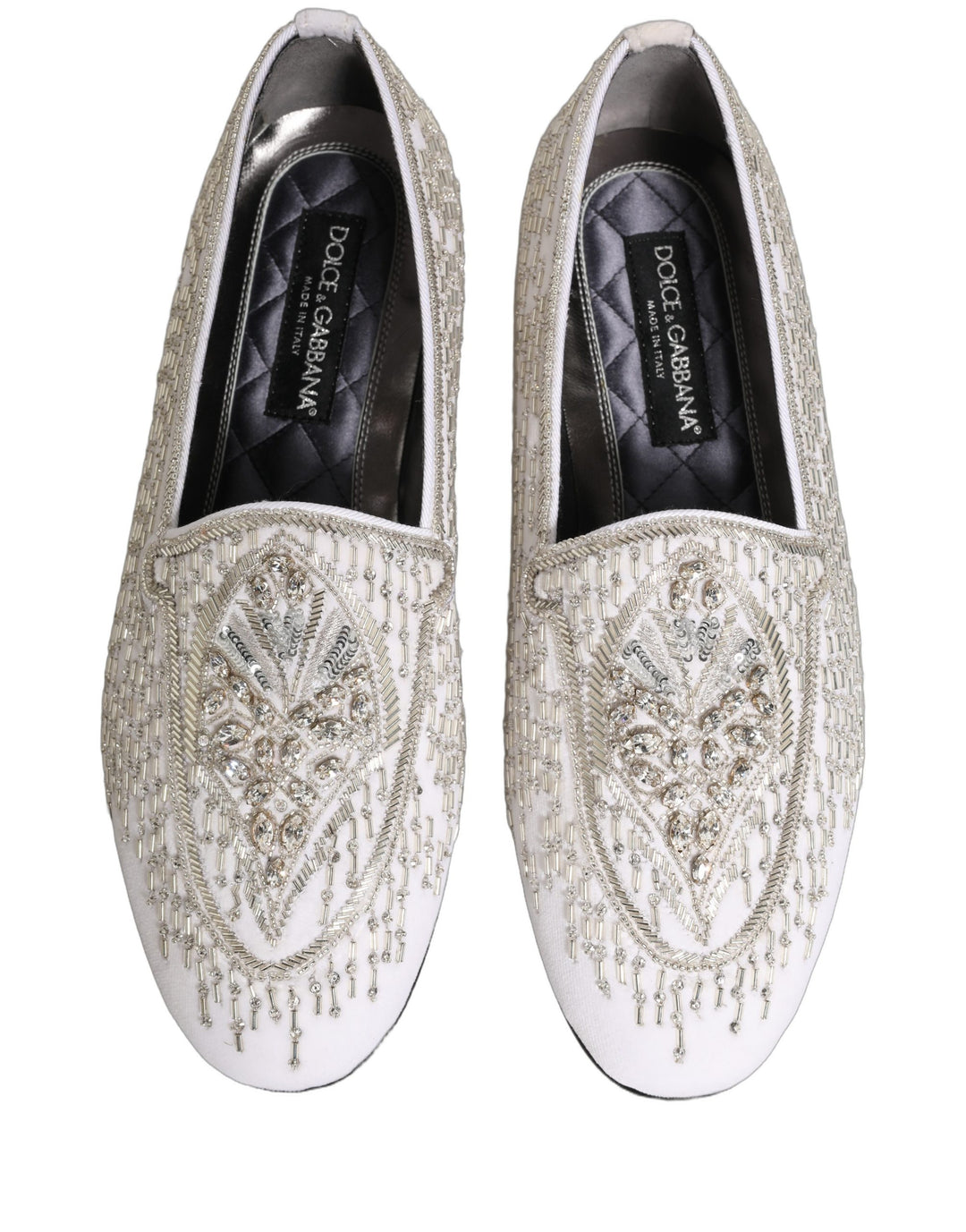 Dolce &amp; Gabbana White Satin Embellished Dress Loafers Shoes