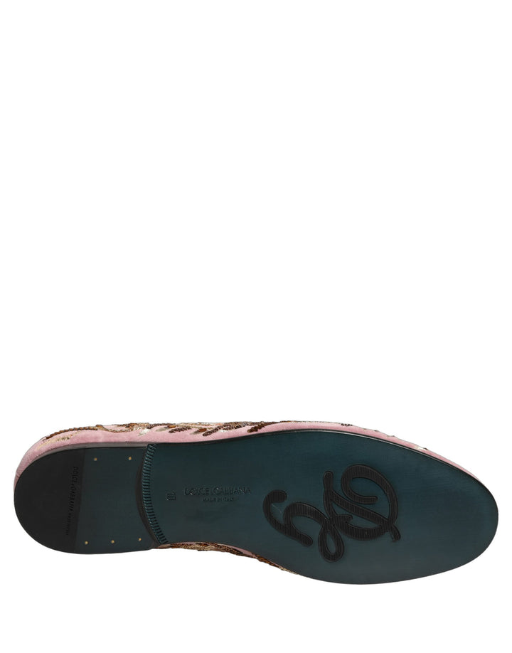 Dolce &amp; Gabbana Pink Velvet Floral Embroidery Loafers Shoes