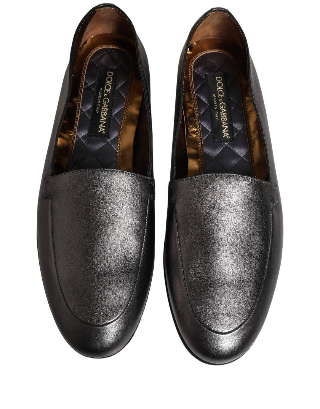 Dolce &amp; Gabbana Silver Leather DG Logo Slip On Loafers Shoes