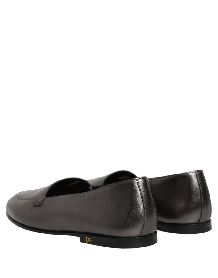 Dolce &amp; Gabbana Silver Leather DG Logo Slip On Loafers Shoes