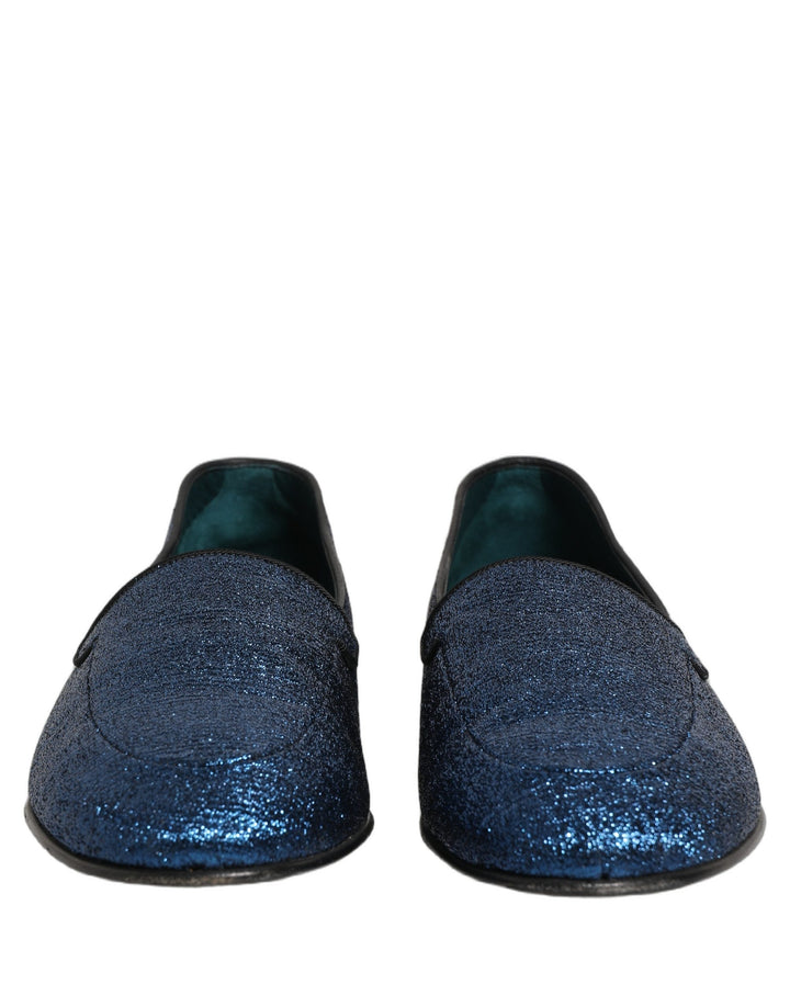 Dolce &amp; Gabbana Blue Glitter Lurex DG Logo Dress Loafers Shoes