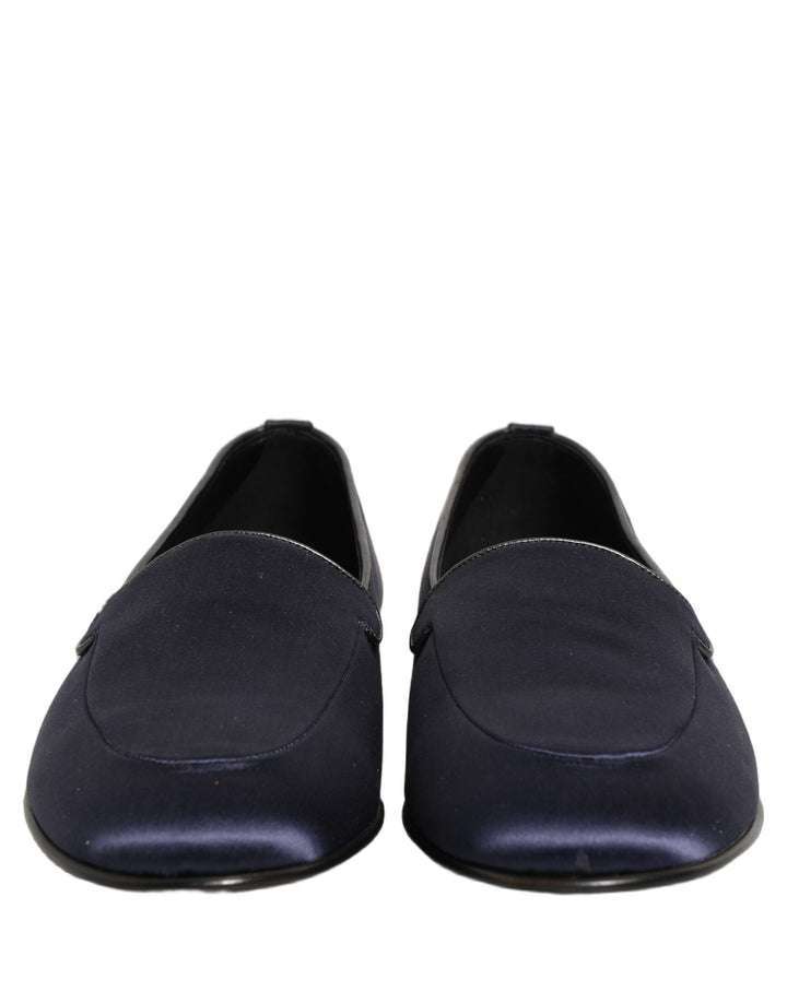 Dolce &amp; Gabbana Navy Blue Satin DG Logo Dress Loafers Shoes