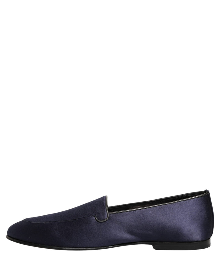 Dolce &amp; Gabbana Navy Blue Satin DG Logo Dress Loafers Shoes