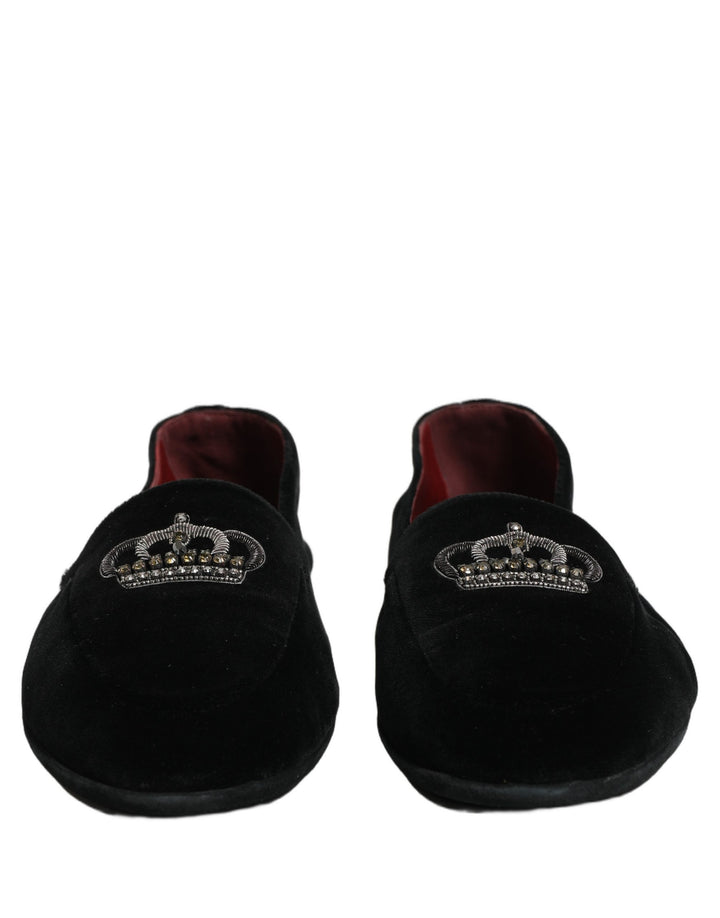 Dolce &amp; Gabbana Black Crown Embellished Dress Loafers Shoes