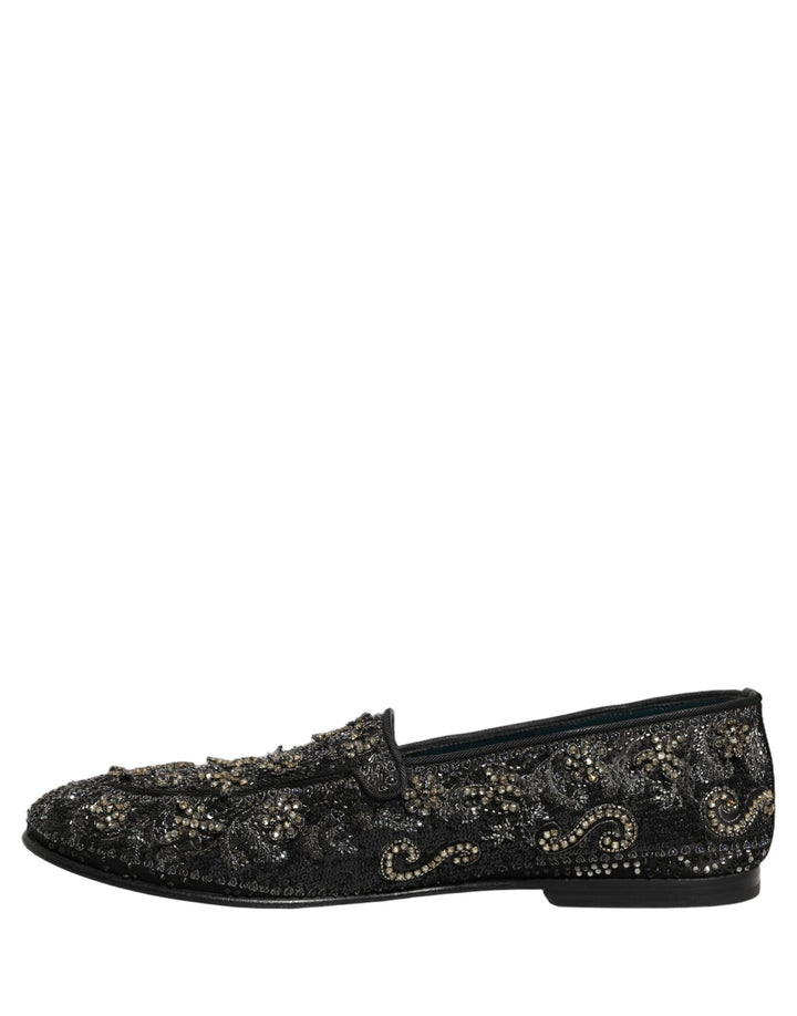 Dolce &amp; Gabbana Black Rhinestone Embellished Loafers Shoes