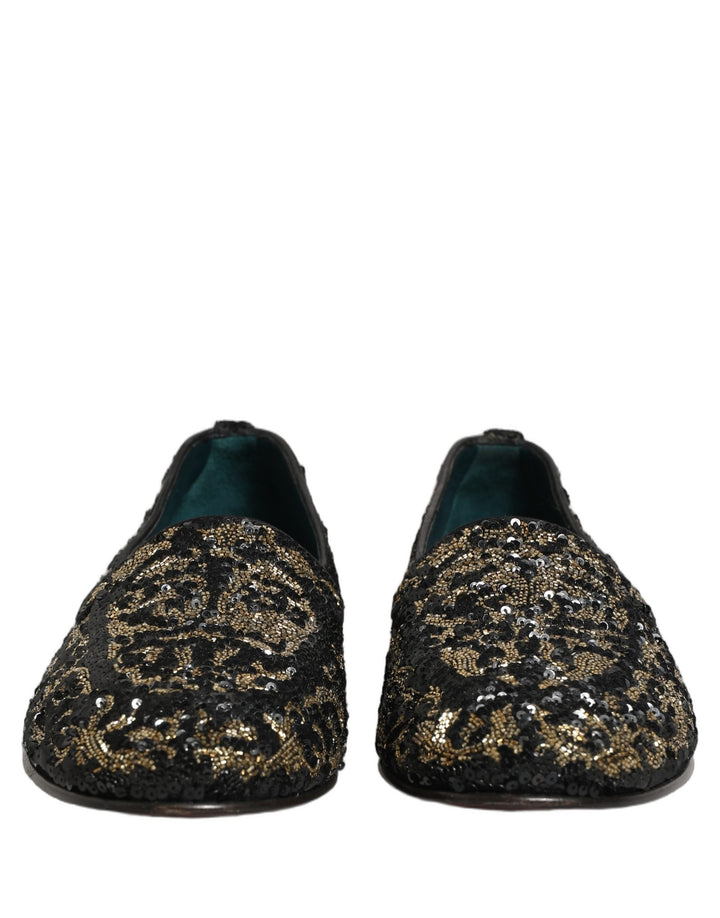 Dolce &amp; Gabbana Black Gold Embellished Dress Loafers Shoes
