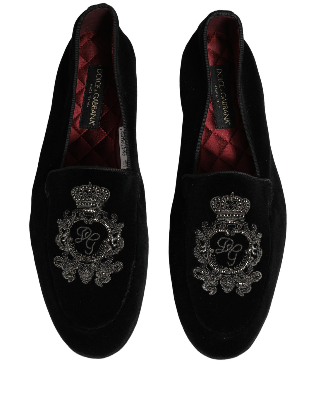 Dolce &amp; Gabbana Black Velvet Crown Embroidery Loafers Shoes