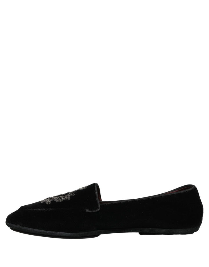 Dolce &amp; Gabbana Black Velvet Crown Embroidery Loafers Shoes