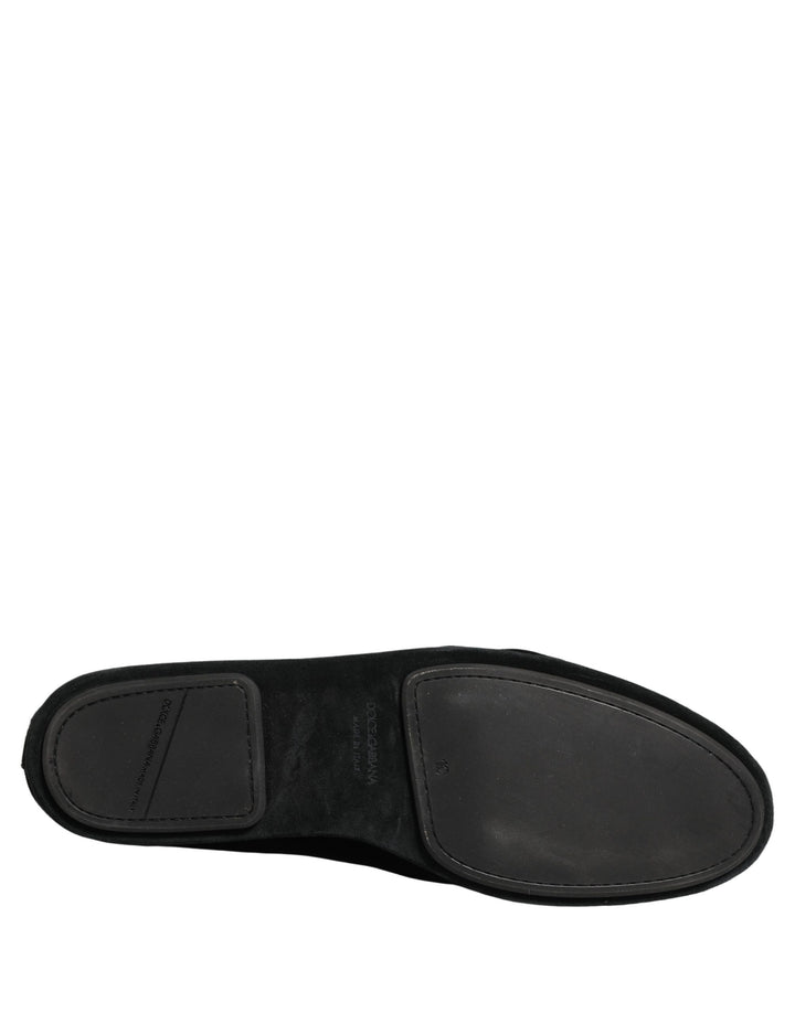 Dolce &amp; Gabbana Black Velvet Crown Embroidery Loafers Shoes