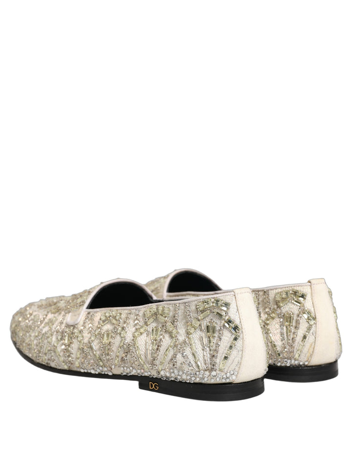 Dolce &amp; Gabbana White Velvet Embroidered Dress Loafers Shoes