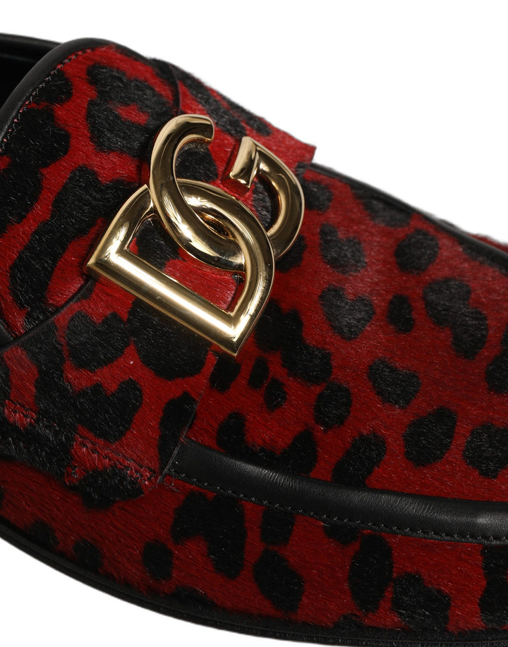 Dolce &amp; Gabbana Red Leopard Print Pony Hair Dress Loafers Shoes