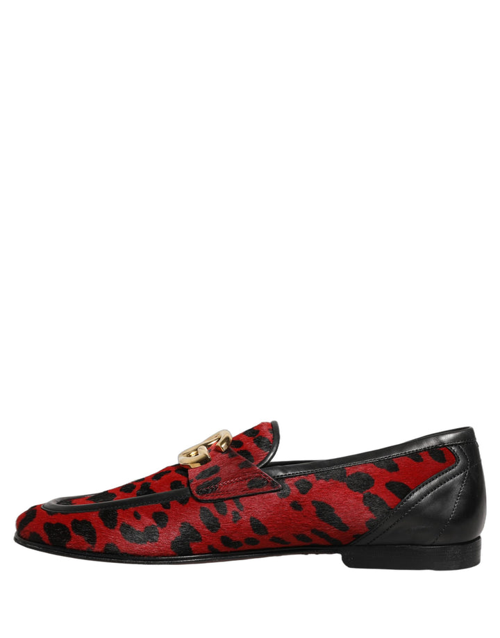Dolce &amp; Gabbana Red Leopard Print Pony Hair Dress Loafers Shoes