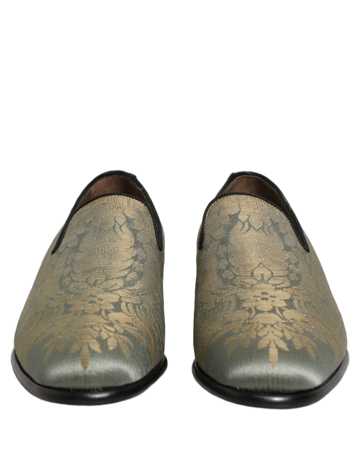 Dolce &amp; Gabbana Gold Floral Jacquard Slip On Loafers Shoes