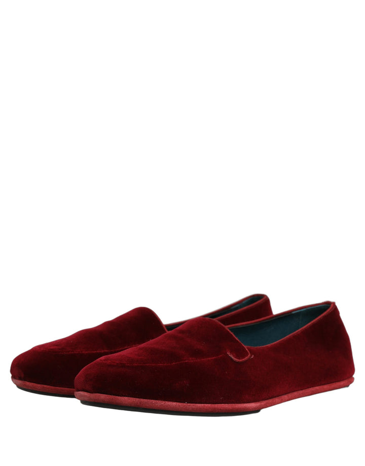 Dolce &amp; Gabbana Maroon Velvet Slip On Men Flats Loafers Shoes