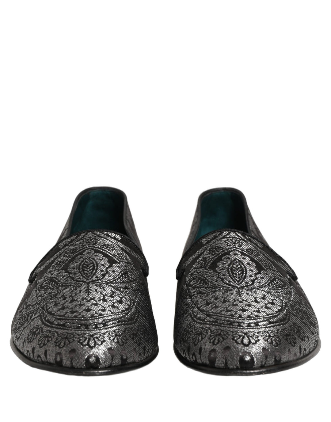 Dolce &amp; Gabbana Silver Jacquard Leather Slip On Loafers Shoes