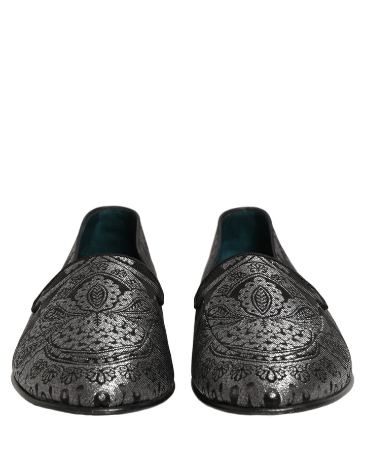 Dolce &amp; Gabbana Silver Jacquard Leather Slip On Loafers Shoes
