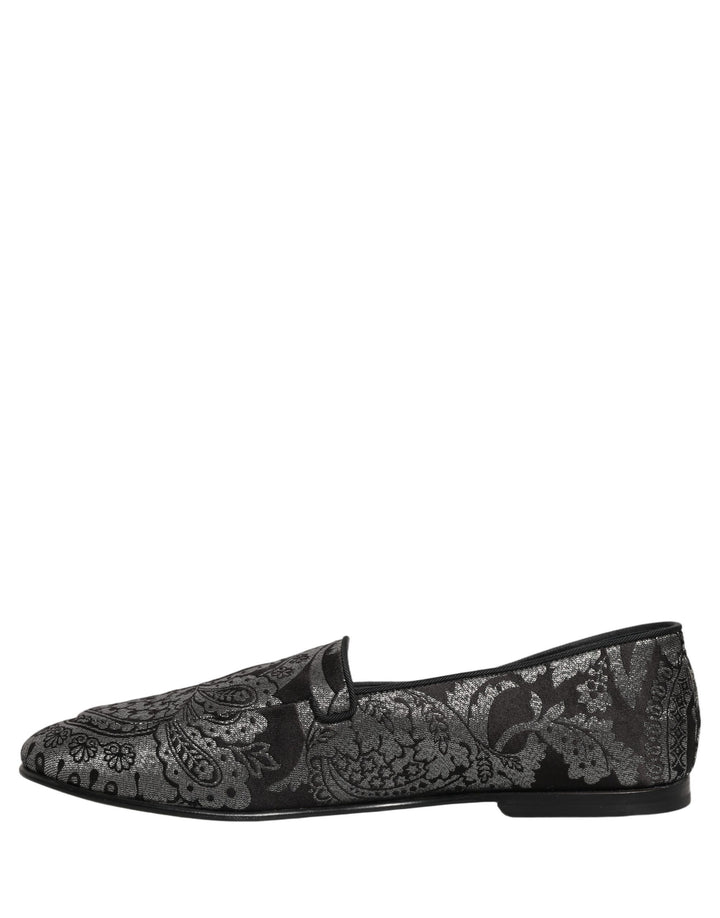 Dolce &amp; Gabbana Silver Jacquard Leather Slip On Loafers Shoes