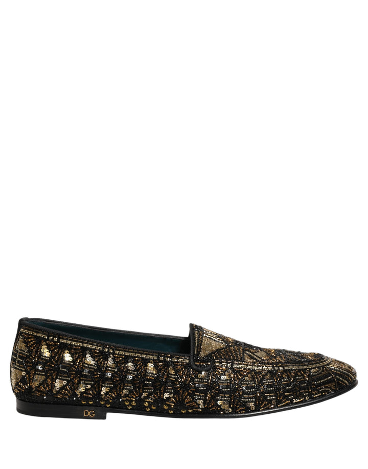 Dolce &amp; Gabbana Black Gold Embellished Slip On Loafers Shoes