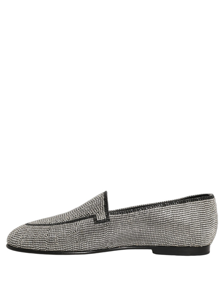 Dolce &amp; Gabbana Silver Crystal Embellished Men Loafers Shoes