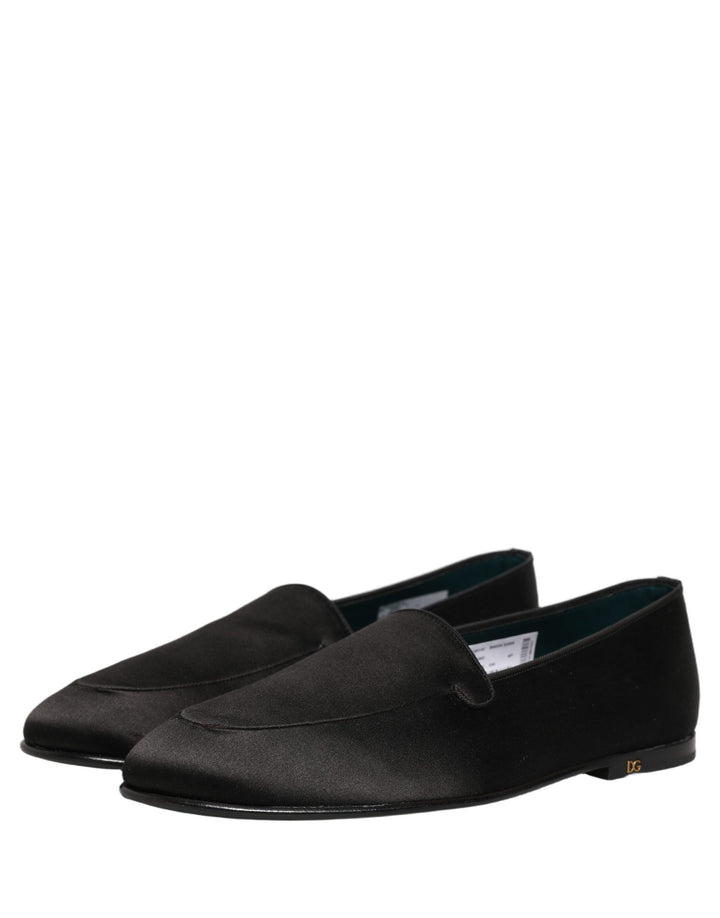 Dolce &amp; Gabbana Black Satin Logo Slip On Flats Loafers Shoes