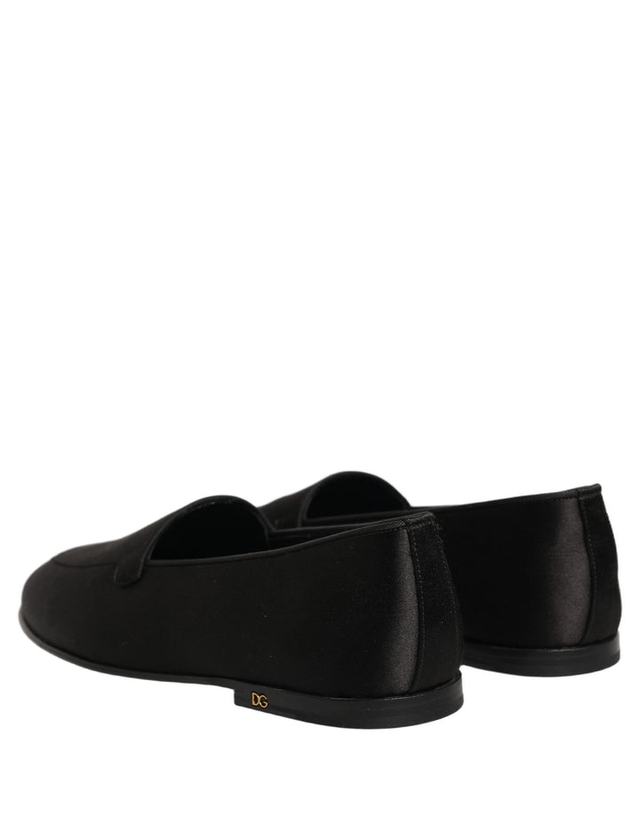 Dolce &amp; Gabbana Black Satin Logo Slip On Flats Loafers Shoes