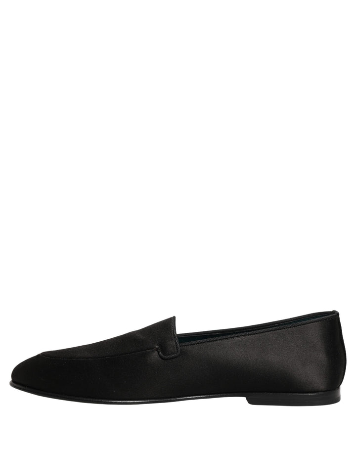 Dolce &amp; Gabbana Black Satin Logo Slip On Flats Loafers Shoes