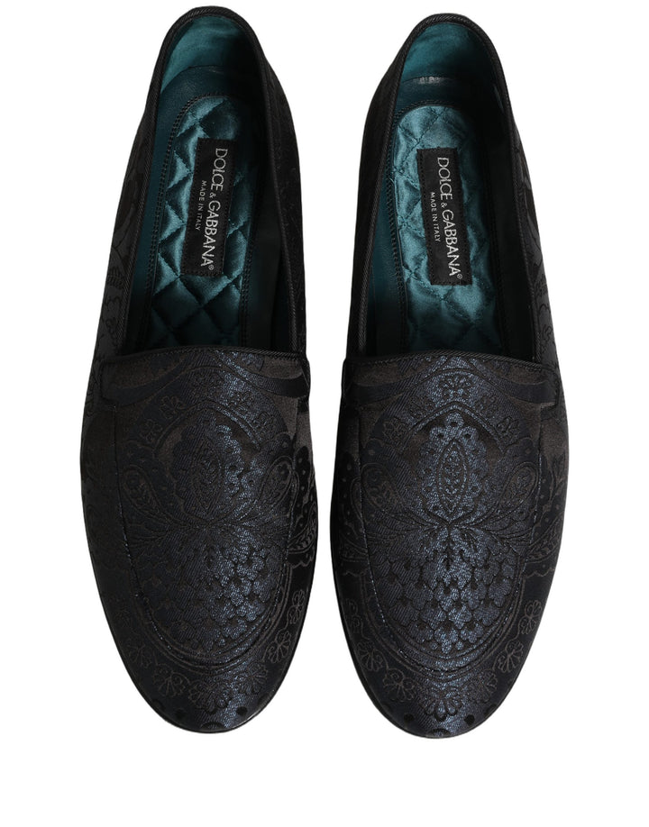 Dolce &amp; Gabbana Blue Jacquard Leather Slip On Loafers Shoes