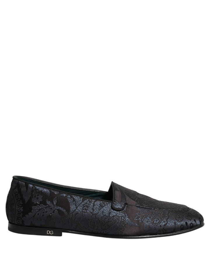 Dolce &amp; Gabbana Silver Jacquard Leather Slip On Loafers Shoes