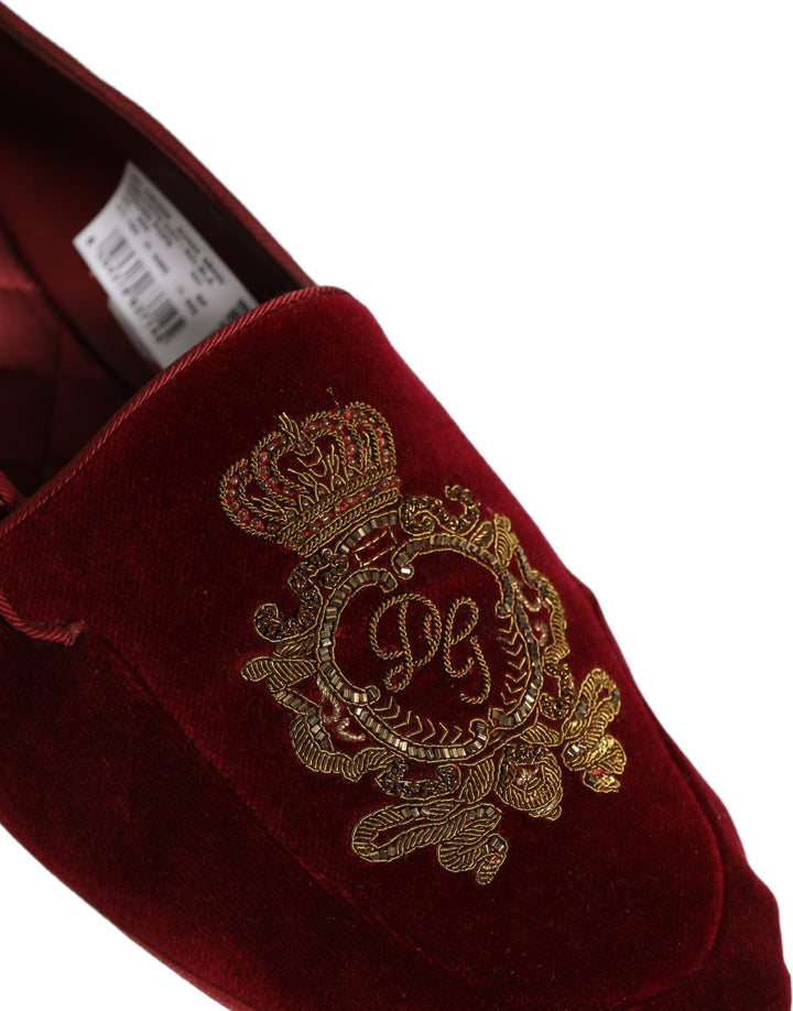 Dolce &amp; Gabbana Maroon Velvet Crown Embroidery Loafers Shoes