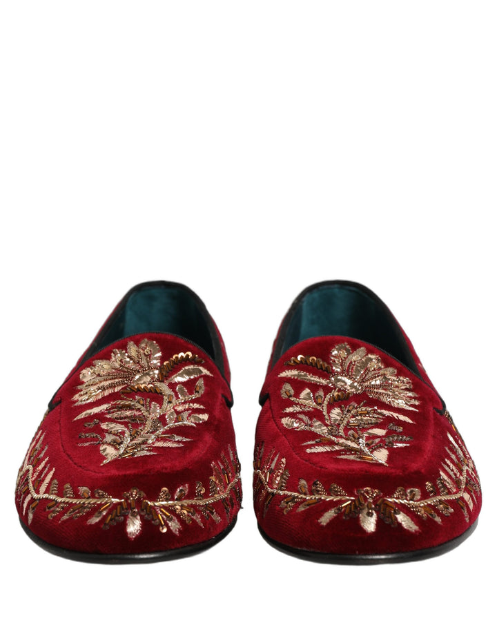Dolce &amp; Gabbana Red Velvet Floral Embroidery Loafers Shoes
