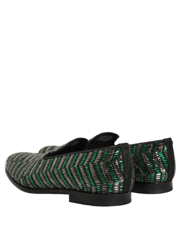 Dolce &amp; Gabbana Silver Green Embellished Dress Loafers Shoes