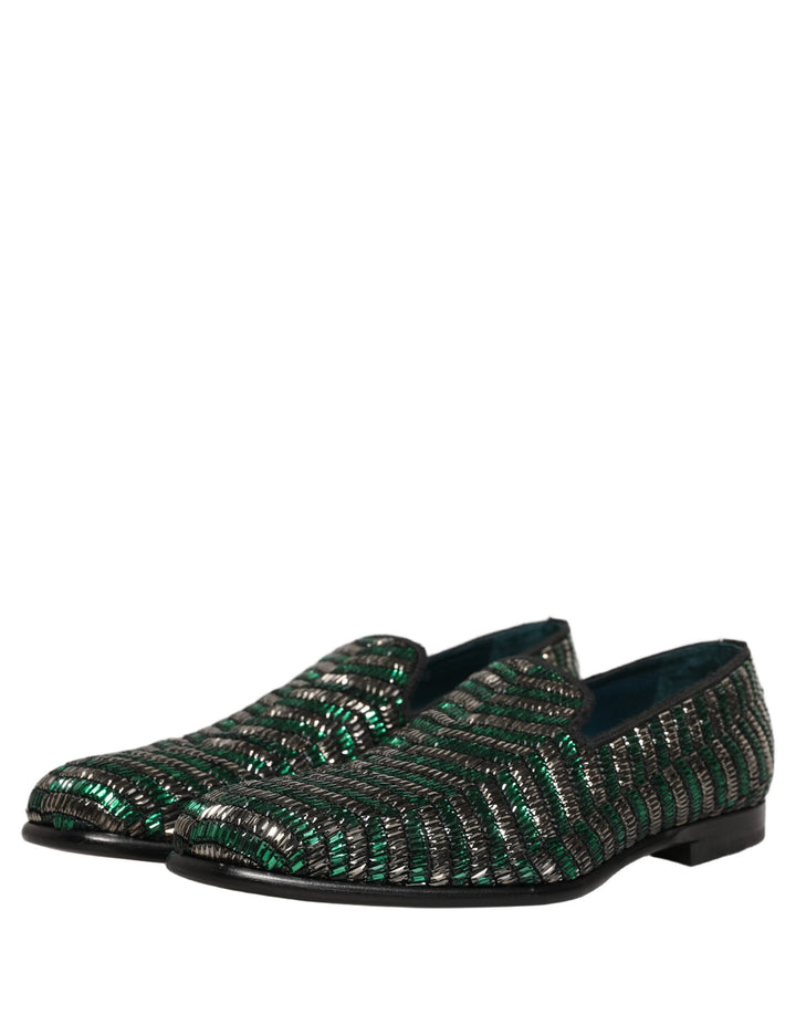 Dolce &amp; Gabbana Silver Green Embellished Dress Loafers Shoes