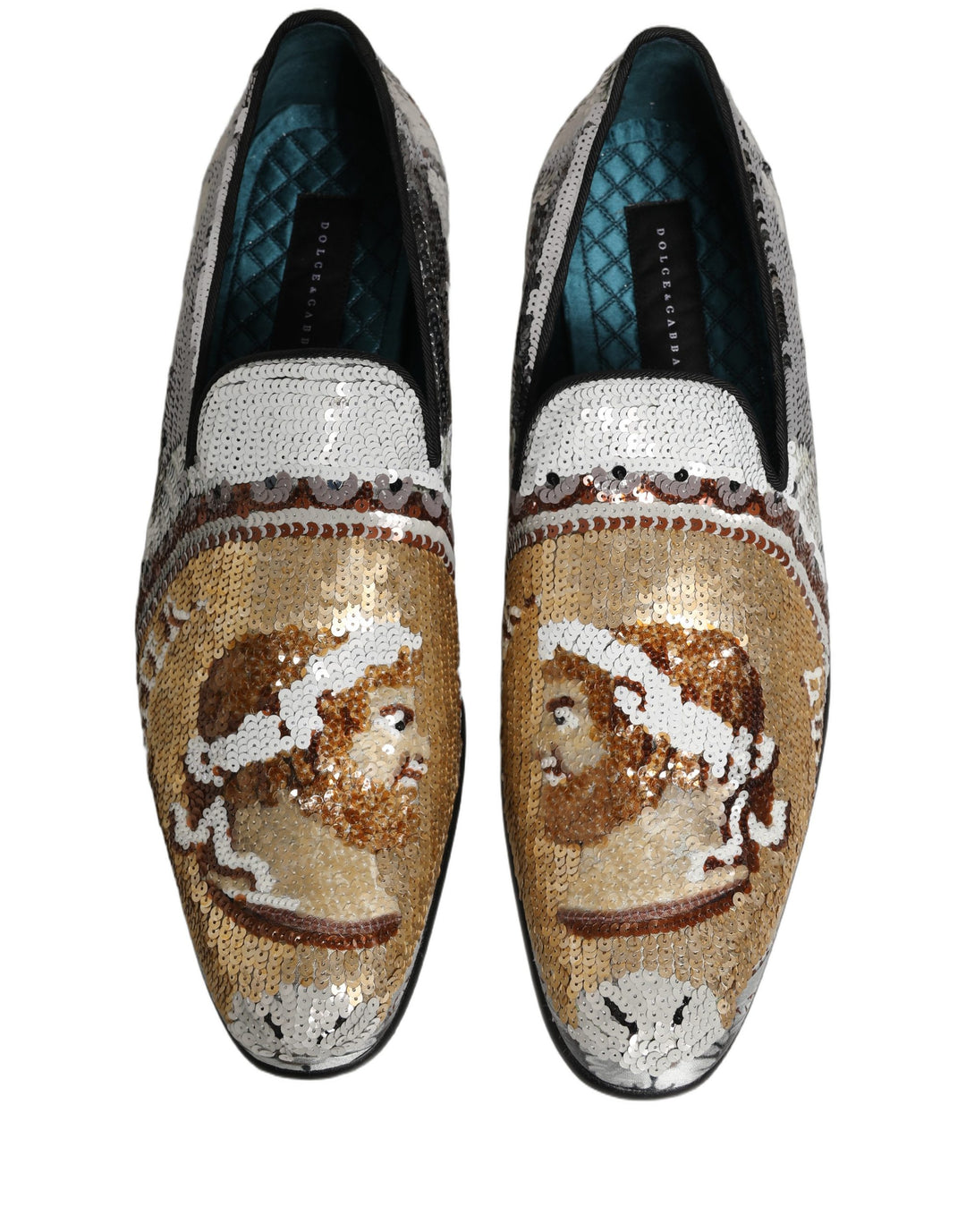 Dolce &amp; Gabbana White Gold Sequined Slip On Loafers Shoes