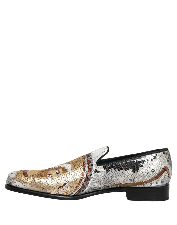 Dolce &amp; Gabbana White Gold Sequined Slip On Loafers Shoes