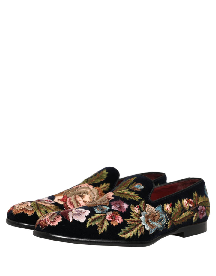 Dolce &amp; Gabbana Black Velvet Floral Embroidery Loafers Shoes