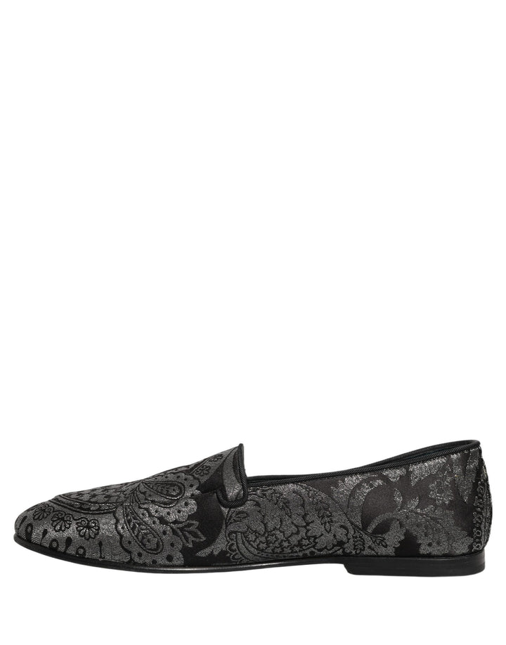 Dolce &amp; Gabbana Silver Jacquard Leather Slip On Loafers Shoes