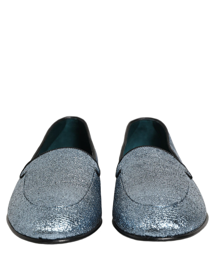 Dolce &amp; Gabbana Blue Glitter Lurex DG Logo Dress Loafers Shoes
