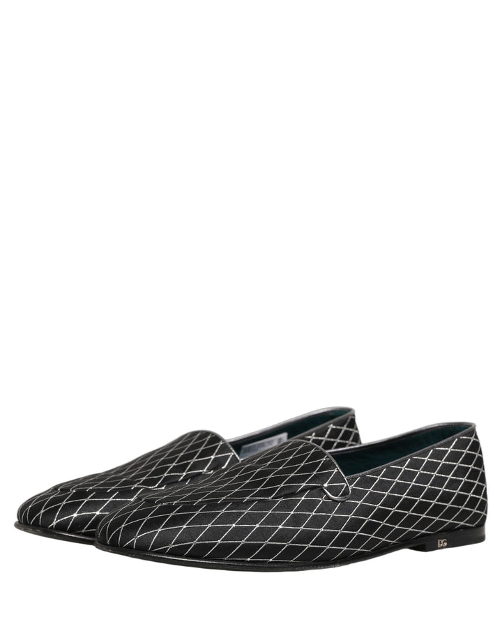 Dolce &amp; Gabbana Black Velvet Diamond Stitched Loafers Shoes