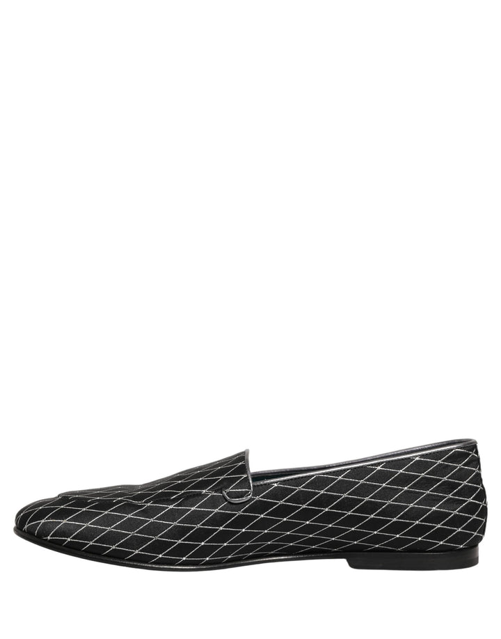 Dolce &amp; Gabbana Black Velvet Diamond Stitched Loafers Shoes