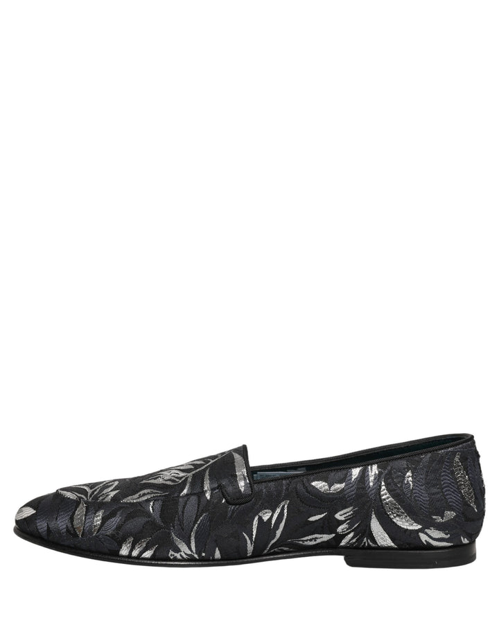 Dolce &amp; Gabbana Black Leaf Embroidery Dress Men Loafers Shoes
